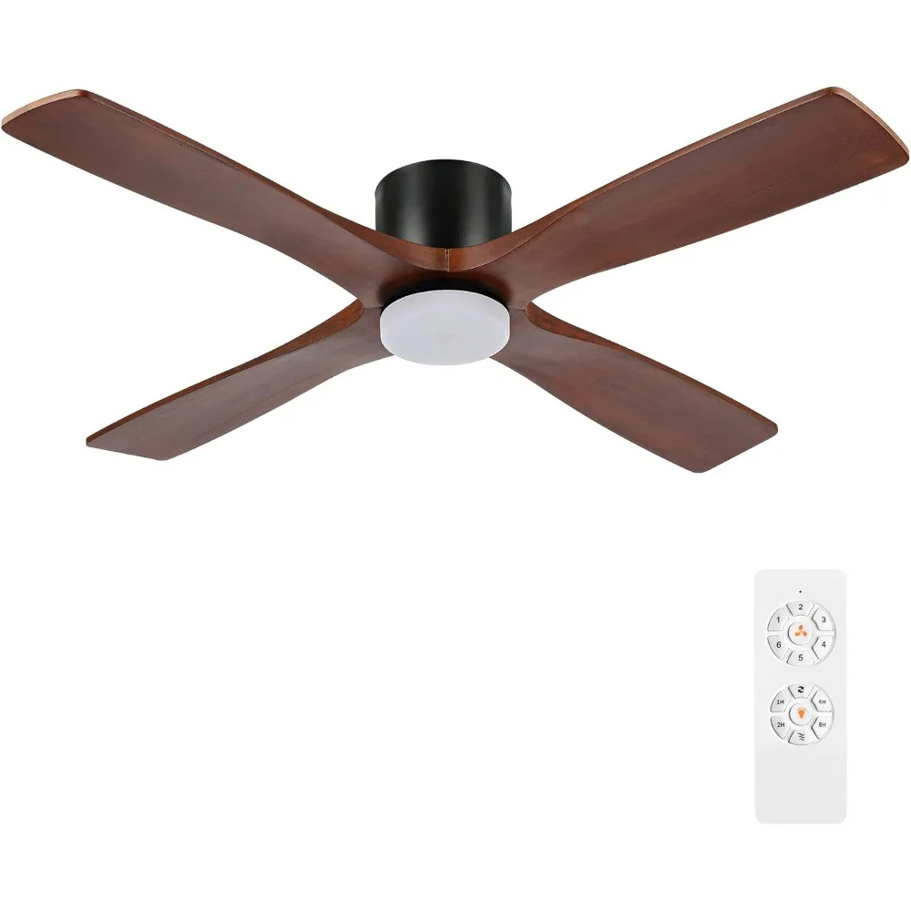 54 Inch Flush Mount Ceiling Fan with Lights and Remote, 4 Reversible Carved Wood Blades, 6-Speed Noiseless Motor