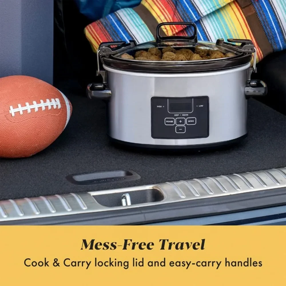 4 Qt Slow Cookers with Locking Lid, Convenient Handles and Digital Display, Stainless Steel, Programmable Slow Cooker