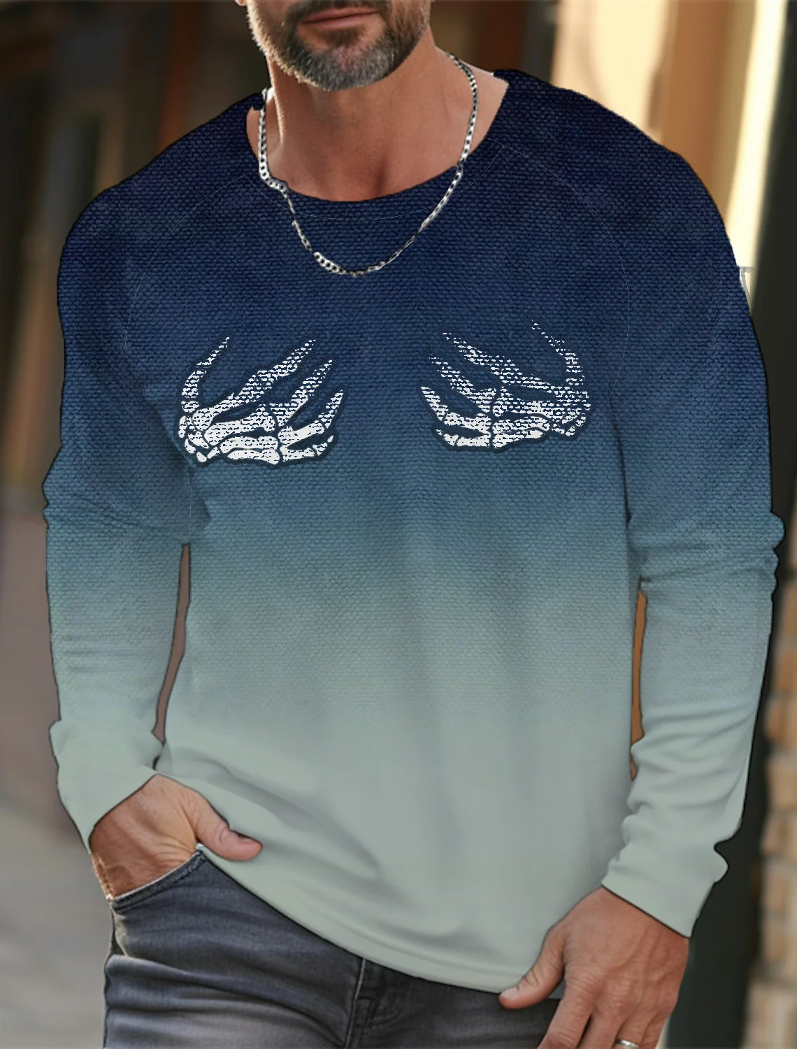 

Fashion New Skull Hand 3D Print Men's Long Sleeve T-shirt Autumn Casual Tee Tops Crew Neck Sweatshirt Gradient Color Man Clothes