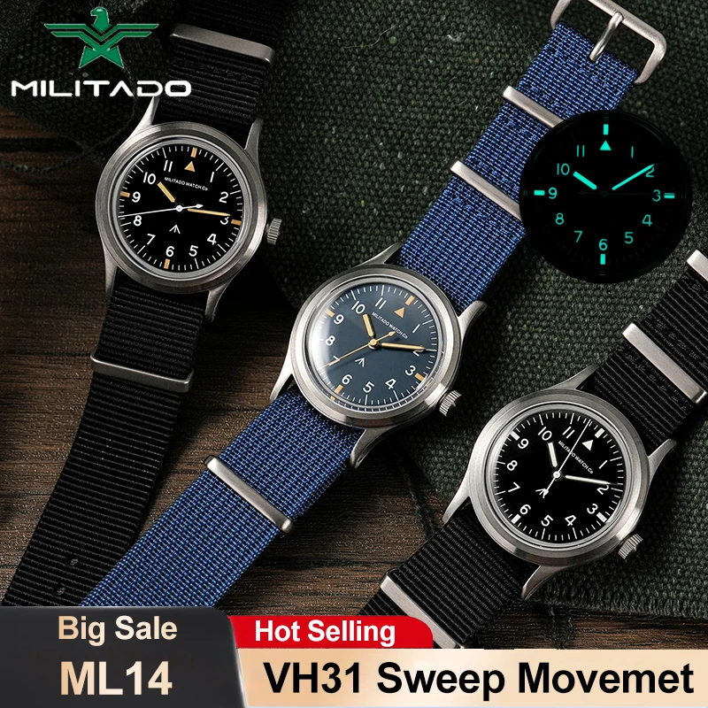 Militado ML14 Quartz Watch VH31/Ronda 515 Movement Bubble Sapphire Crystal Vintage Watch 100m Waterproof BGW9 C3 Luminous Watch
