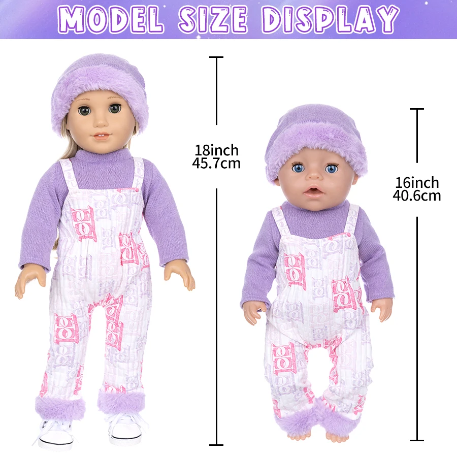 18Inch/45CM Doll Clothes Set Purple Clothing Plush Hat Rompers Rebirth Doll Toy Simulation Dress Up Party Soothing Doll Kid Gift