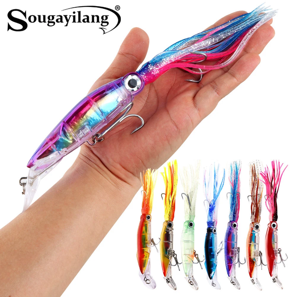 Sougayilang Simulation calmar appât 7 couleurs 3D Fisheye avec conception de plomb hameçon pointu tentacule en Silicone pêche en mer appât dur