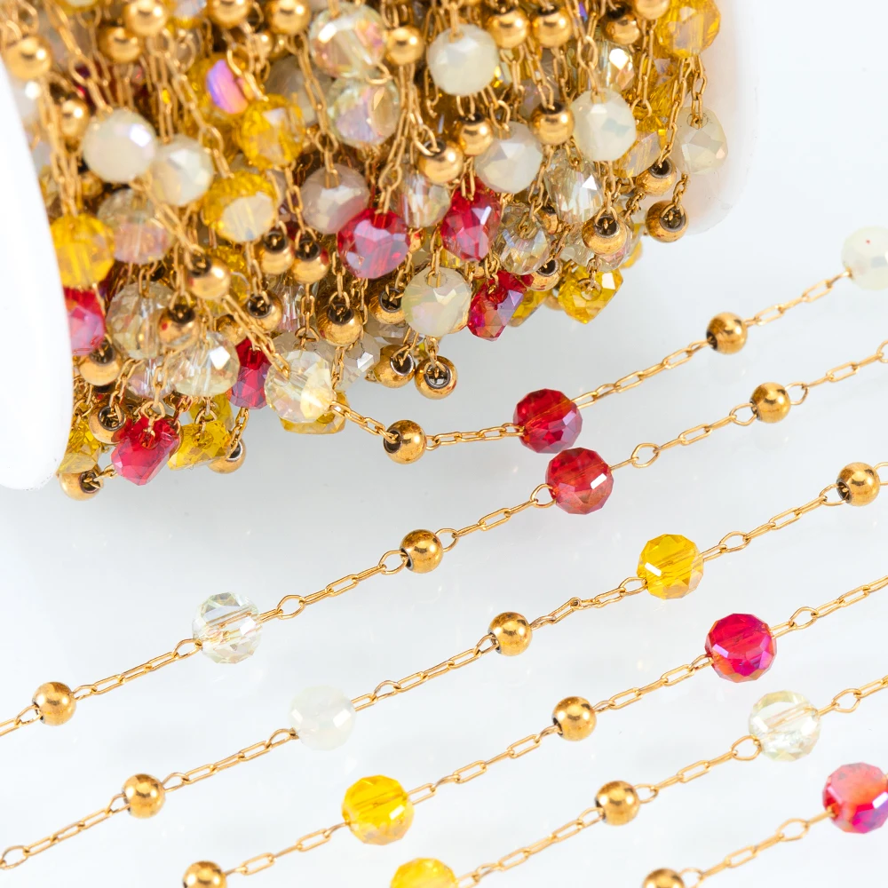1M Stainless Steel Round Crystal Beaded Chains Gold Color Link Chain for DIY Boho Necklace Bracelet Chain Jewelry Making Materia