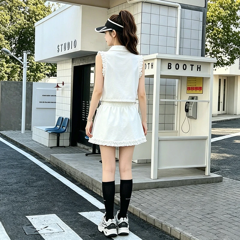 2026 Summer Children's Baseball Jacket Two Piece Set Girls' Trumpet Sleeves One Step Skirt Tennis Sports Set Skirt