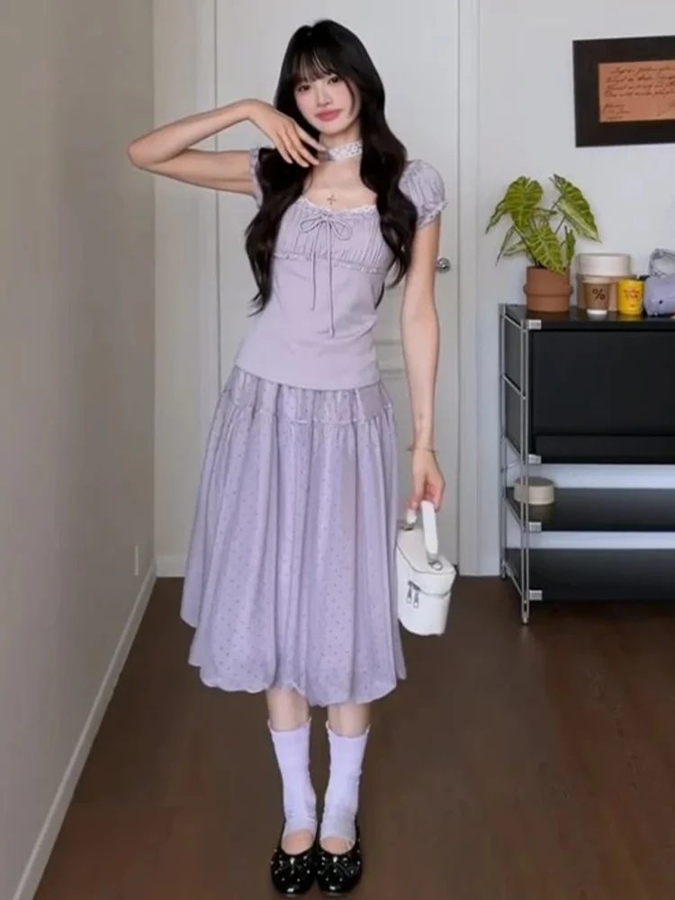 

Gentle Breeze Ageless Pastel Purple Lace Top Polka Dot Skirt Set Girl's Style High Waist Short Sleeve Square Collar Fashion Set
