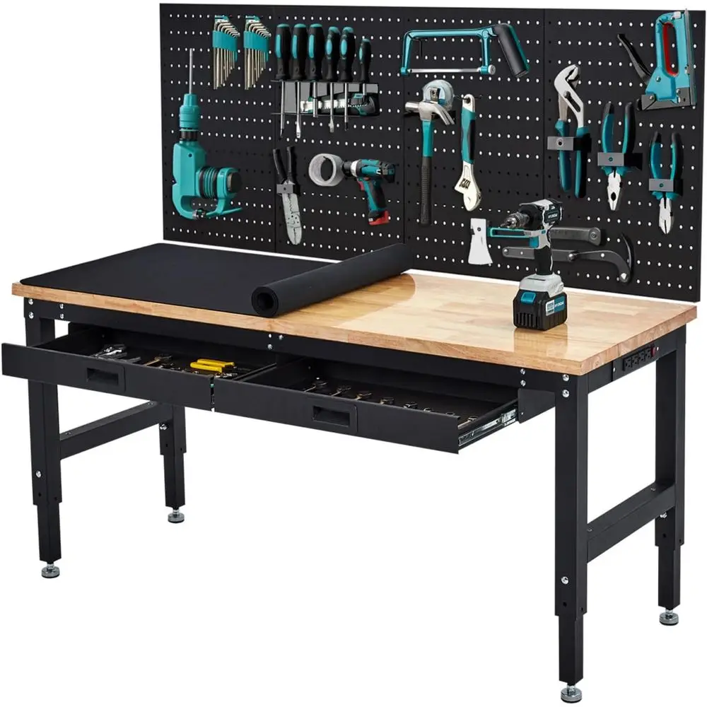 60 Inch Adjustable Work Table, 3000 Lbs acity Rubber Wood Tabletop Workbench, Heavy Duty Work Bench Table with 2 Ders & Pegboard