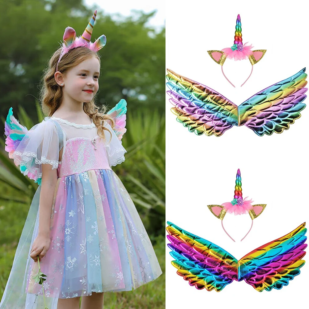 Unicorn Girls Ears Headband Rainbow Wings Hairband Kids Unicorn Cosplay Dress Up Costume Props Unicorn Birthday Party Decoration