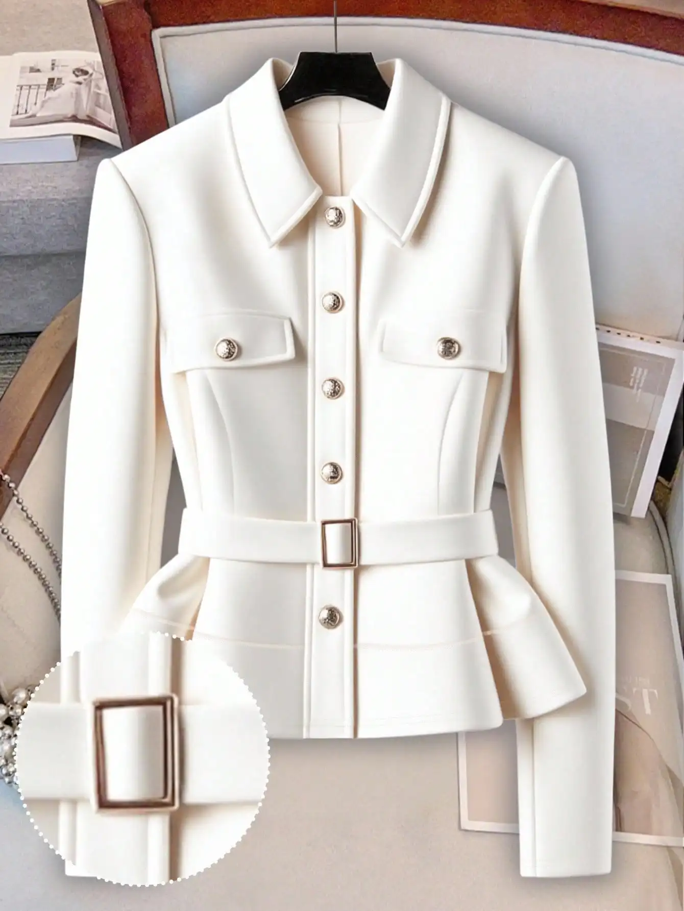 

Элегантный белый жакет с длинными рукавами и поясом для женщин, однобортный, с оборкой, осенний стиль
