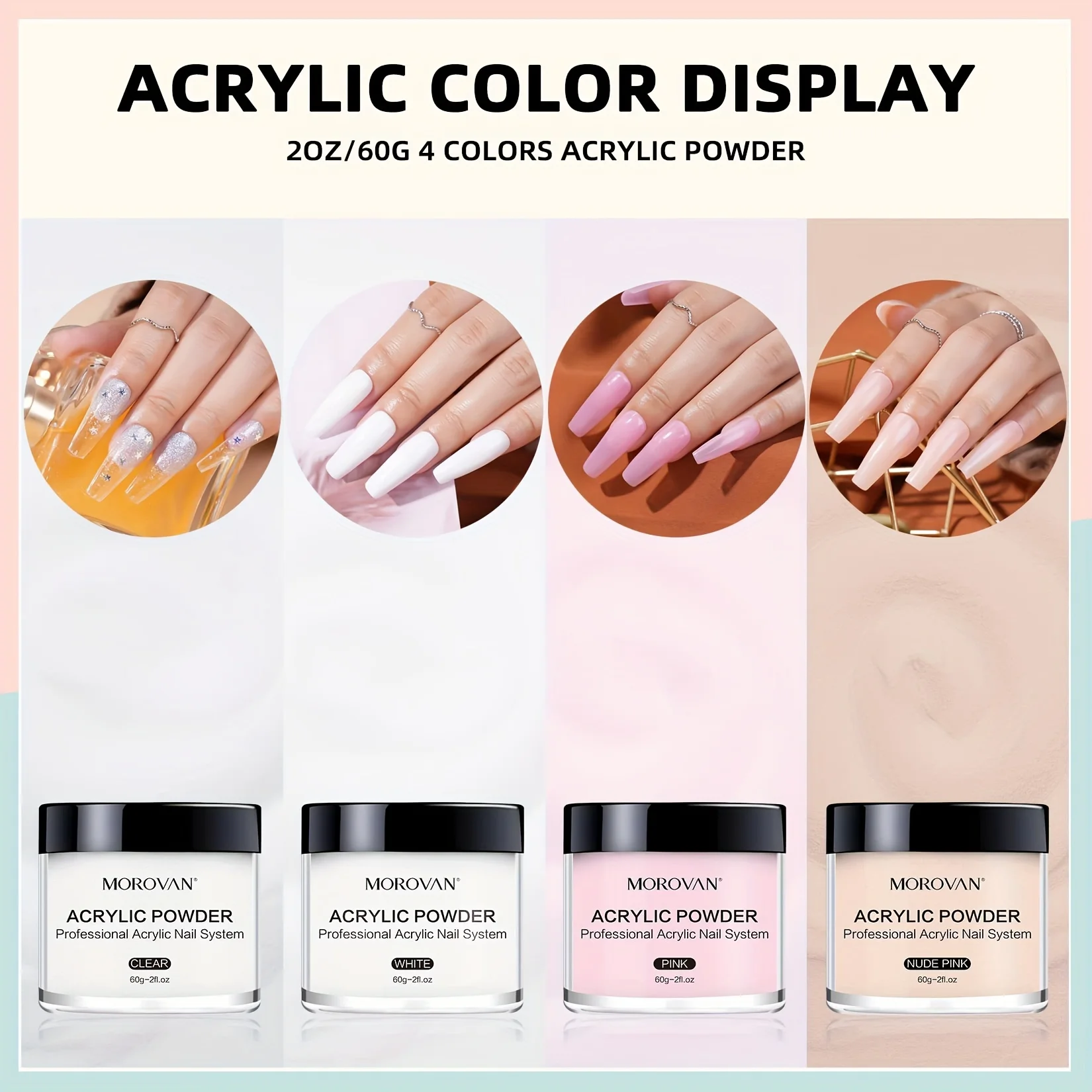 Morovan Acrylic Nail Powder Set: 4 Colors Clear Nude Pink White Acrylic Powder Colored Acrylic Nail Powder for Acrylic Nail Ext