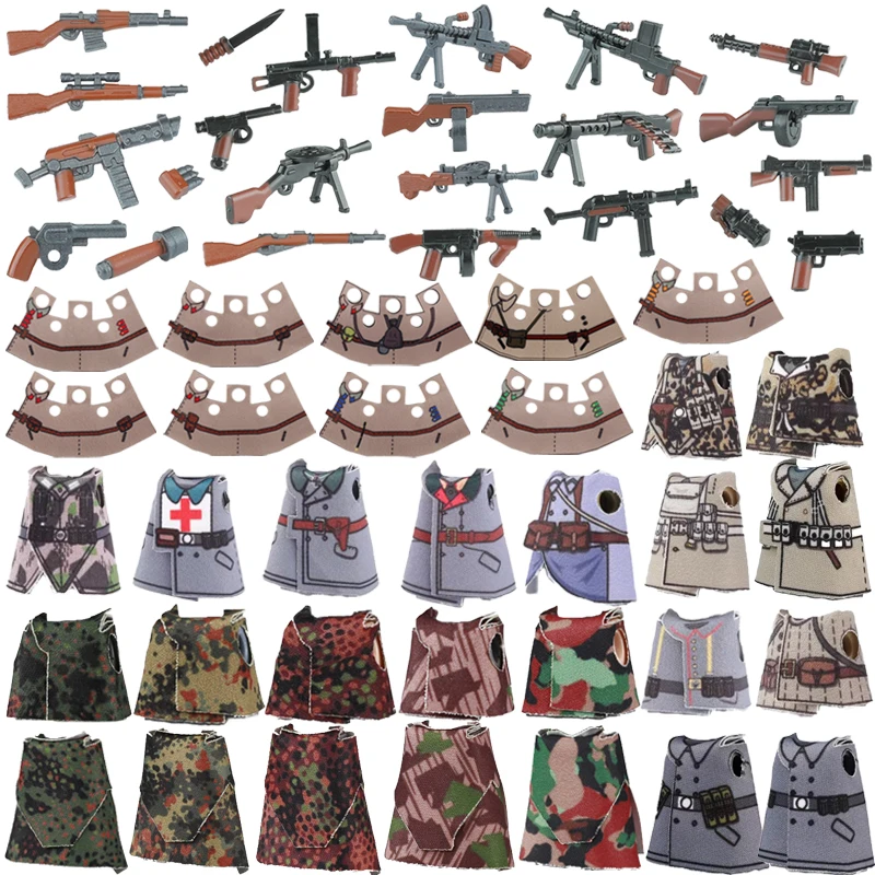 WWII Military Weapon Building Blocks Soviet US Soldier Figures Camouflage Coats Germany British Two-color MP4 98K Gun Bricks Toy