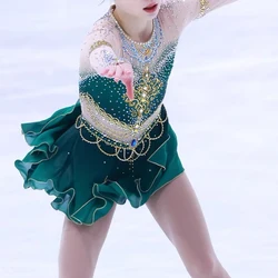 Customized figure skating performance dress for girls, blue long sleeved skating performance dress, flower skating Kosten