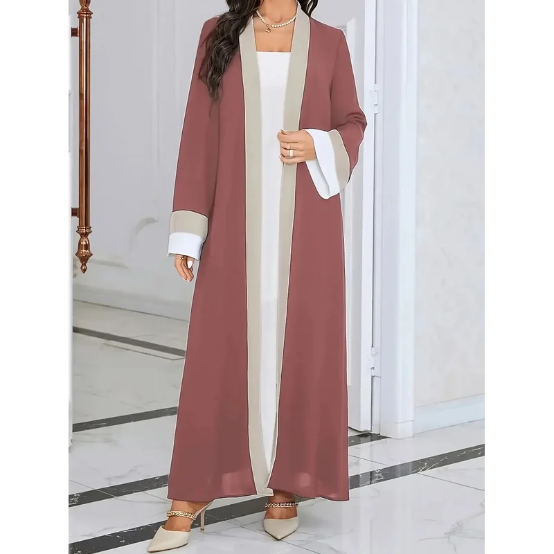 

Женское повседневное платье с открытым передом и длинными рукавами для Рамадана 2026, элегантное контрастное приталенное платье макси, женская одежда