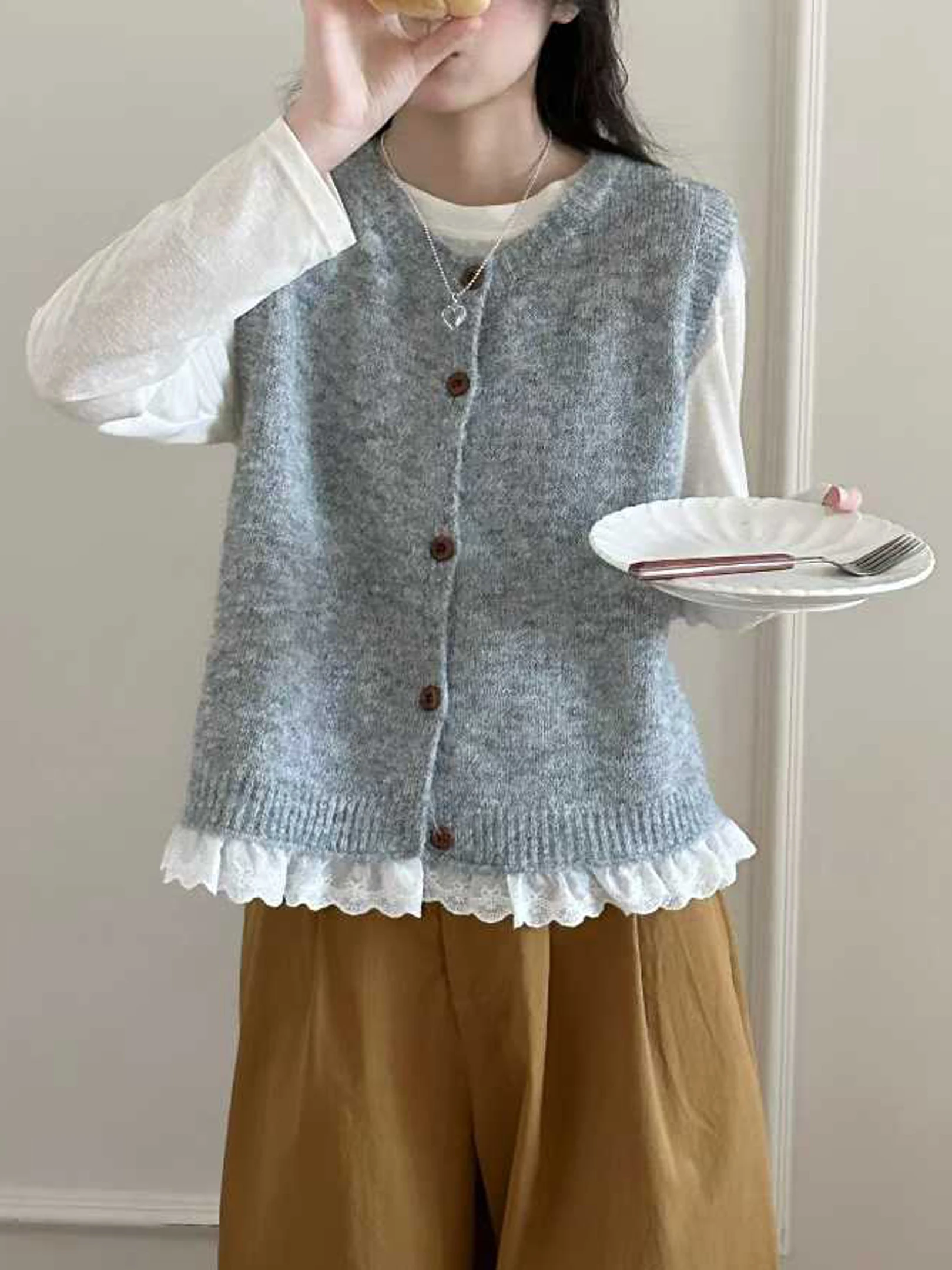 

Вязаный жилет с кружевом, кардиган, женский круглый многослойный жилет Ne Svel, школьный свитер, V-Ne, одинарный...