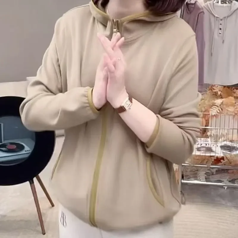 Sudadera con capucha y cremallera para mujer, informal, holgada, de Color sólido, con bolsillo y detalles de ribete rosa, para primavera y otoño