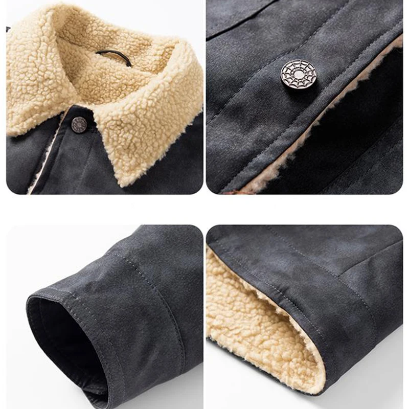 Winter Men Warm Fleece Casual Jacket Man Lapel Formal Business Jackets Male Work Multi Pocket Windbreaker Outerwear Parka Jacket