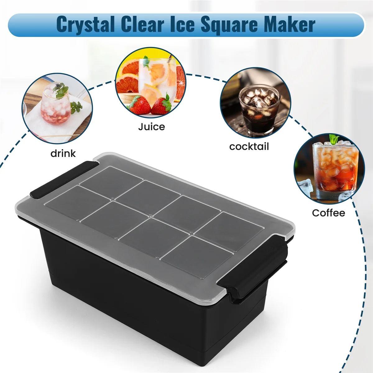 صانع الثلج الشفاف AAAF، صينية مربعة للثلج الشفاف تصنع 8 مربعات ثلج مربعة كبيرة، صانع مربع ثلج شفاف كريستالي للكوكتيلات