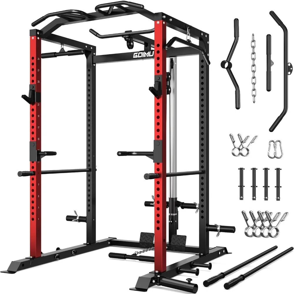 Power Cage, 2000LBS Squat Rack with LAT Pulldown, Multi-Function Weight Cage Strength Training Machine, Workout Cage with