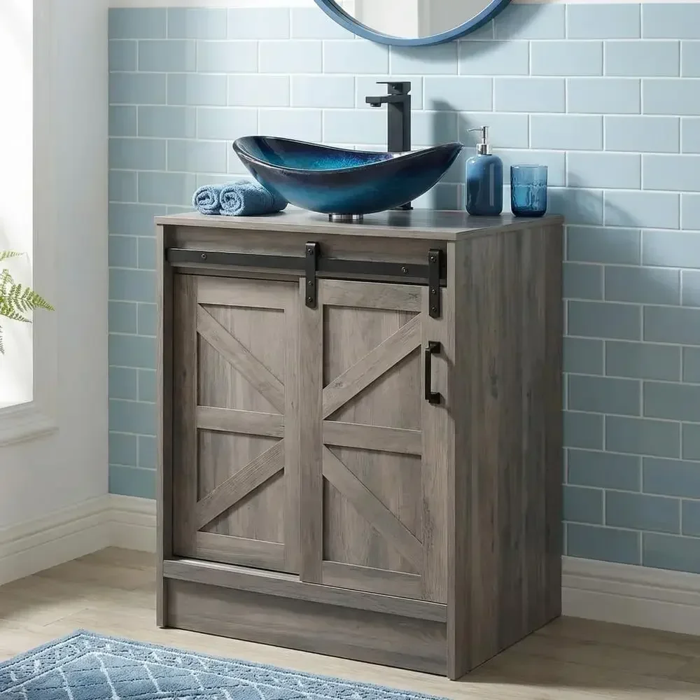 

24" armhouse Bathroom Vanity with Sink, Bathroom Storage Cabinet with Sliding Barn Do& Metal Handle, reestanding Vanity with Tem