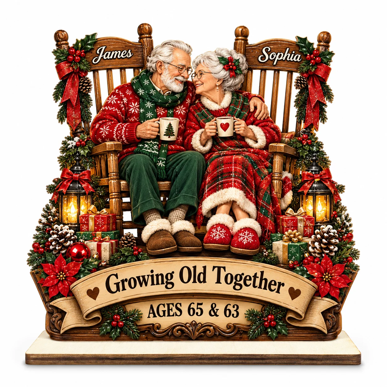 1PC Custom Christmas Couple Wooden Ornament Personalized Names Ages Santa Mrs Claus Gothic Rose Table Decor Anniversary Gift