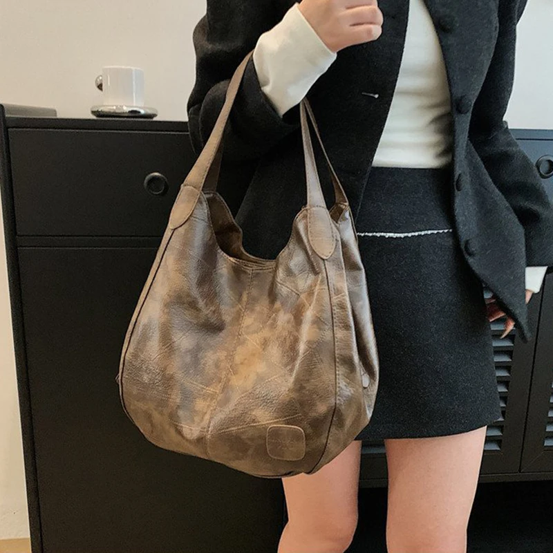 Vintage Women's Bag PU Leather Large Capacity Marble Grain Shoulder Bag Daily Commuter Handbag Shopping Totes