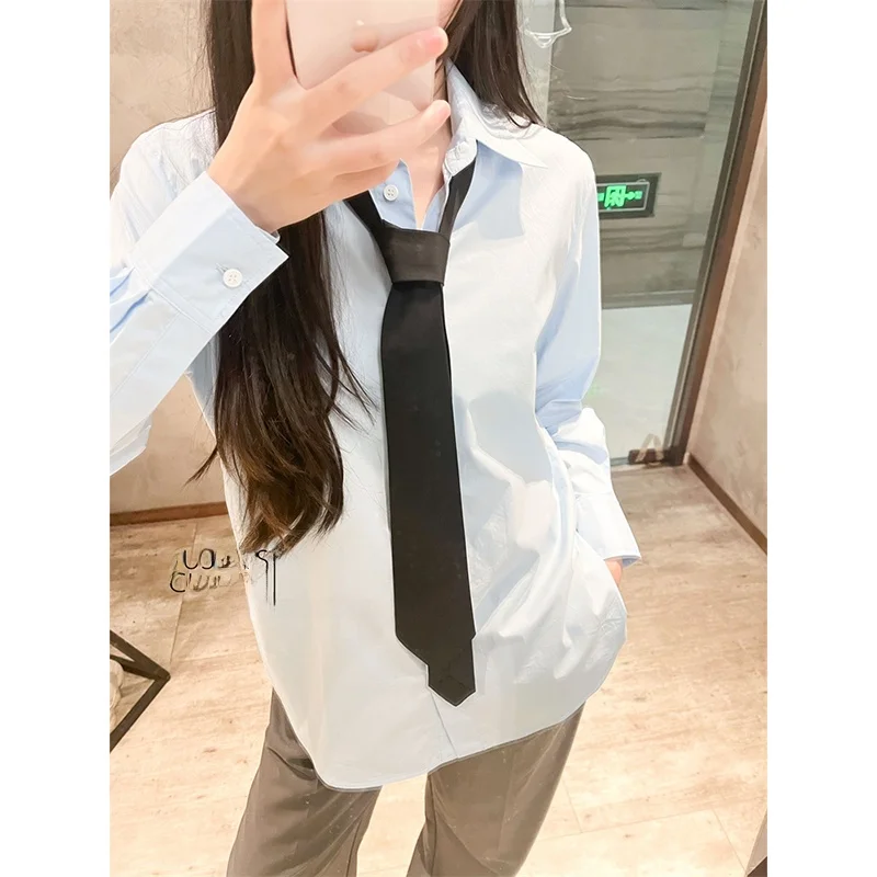 

Fashionable Casual Susan Shirt Women's Tie Collar Top Spring Autumn Two-color Simple Match Straight Cotton Long Sleeve