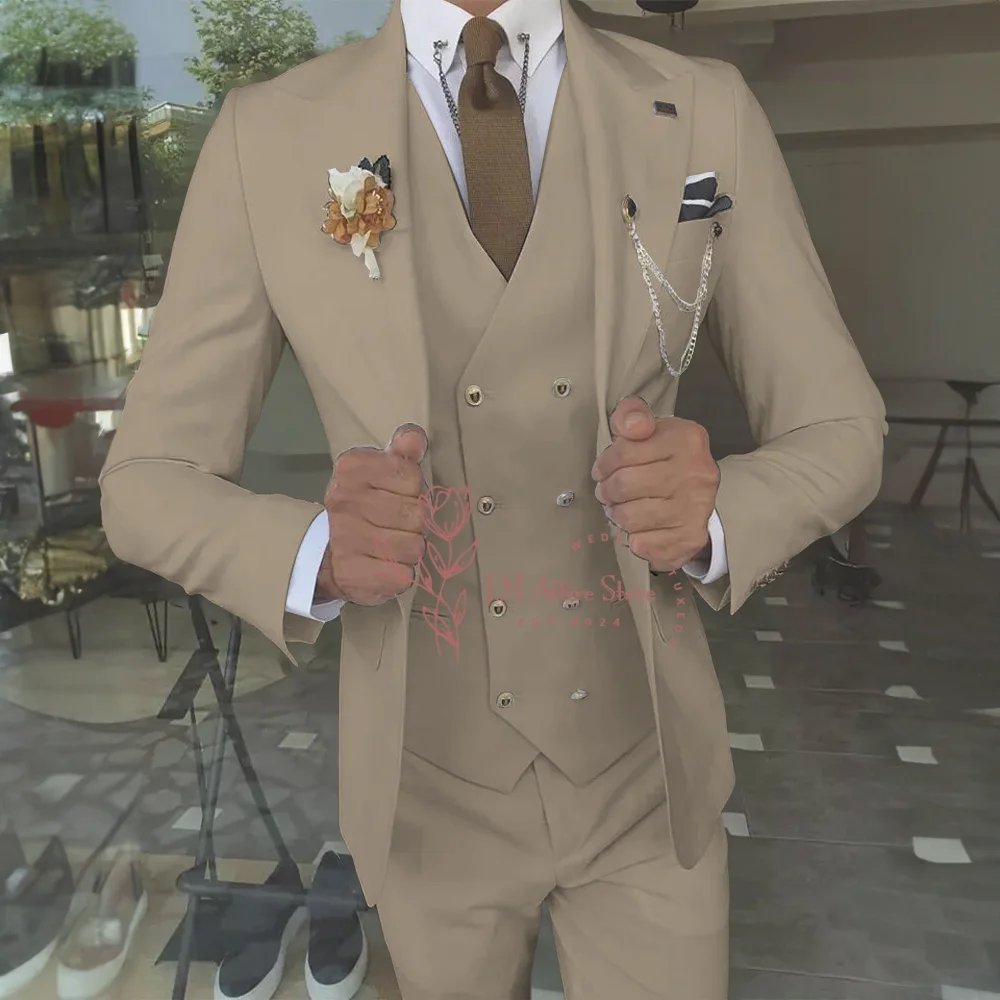 Business Men Suits 3 Pcs Tuxedo Slim Fit Groom Wide Peak Lapel Tailored Groomsman Coat for Wedding Cocktail Birthday Party Gifts