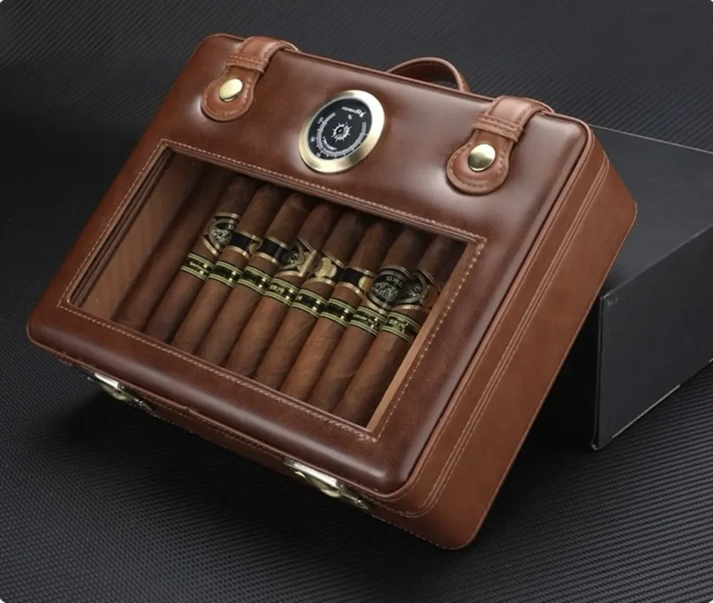 Cigar Humidor,Travel Humidor Box with Glass Top,Humidifier Hygrometer Gauge,Cigar Case Cedar Wood Lining up to 50pcs