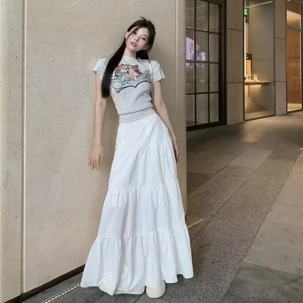 

New High Waisted Half Skirt Fairy White Hip Wrap Skirt Casual Cake Long Skirt Summer Spring