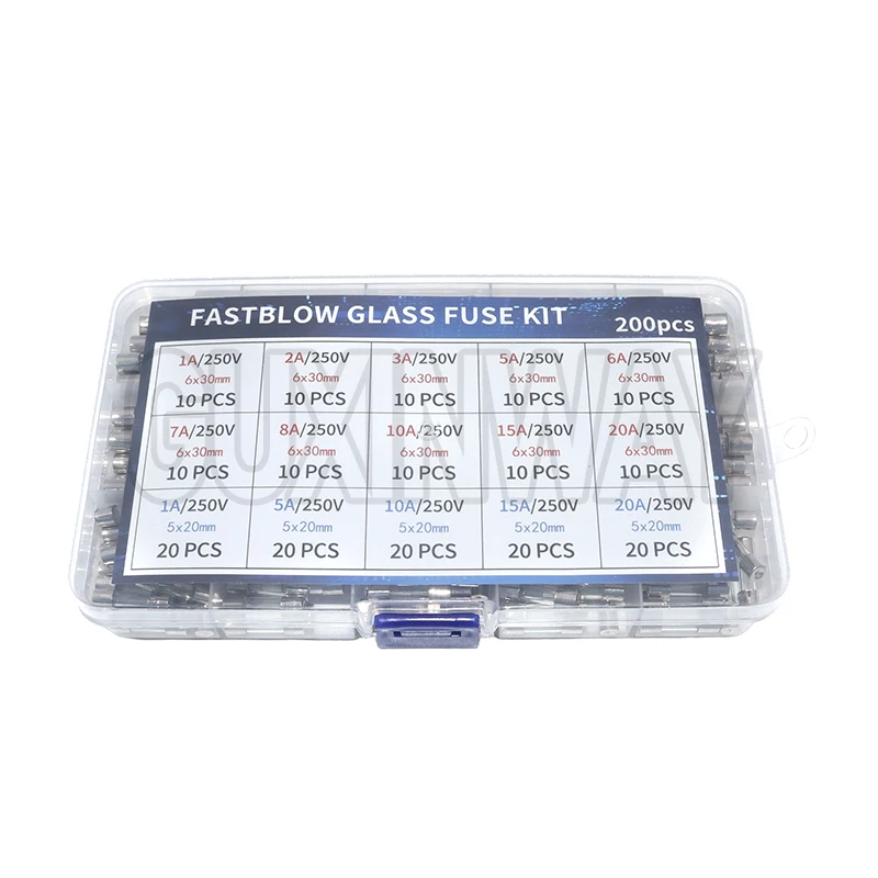 200 قطعة ضربة سريعة الزجاج الصمامات مجموعة متنوعة 15 قيم السيارات الصمامات تشكيلة كيت 250 فولت 5x20 مللي متر و 6x30 مللي متر أنبوب زجاجي الصمامات