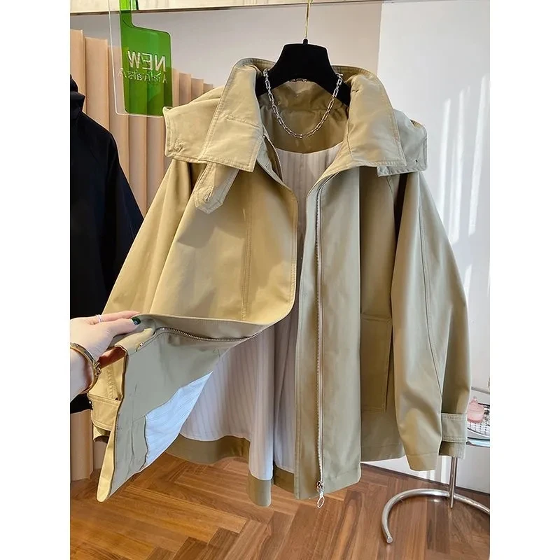 2024 Spring and Autumn New High-grade Fashion Cloak-style Loose Casual Zipper Hooded Long-sleeved Windbreaker Coat Woman