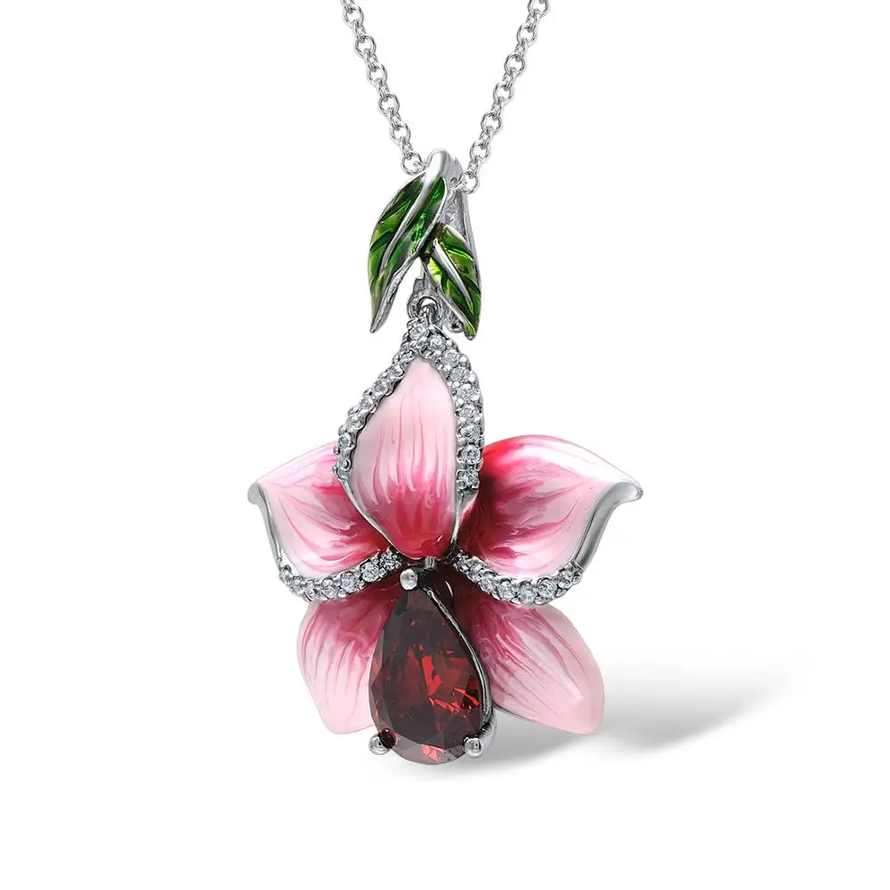 

Buyee 925 Sterling Silver Big Pendant Chain Pink Enamel Flower Necklace for Woman Fashion Luxury Fine Jewelry Chain