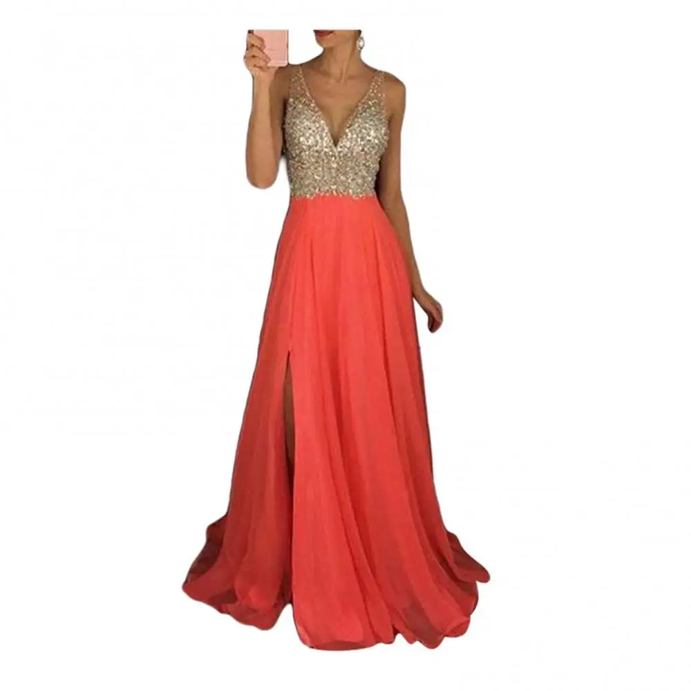 Женское платье, сексуальное платье без рукавов, модное платье с блестками и глубоким V-образным вырезом, длинная юбка