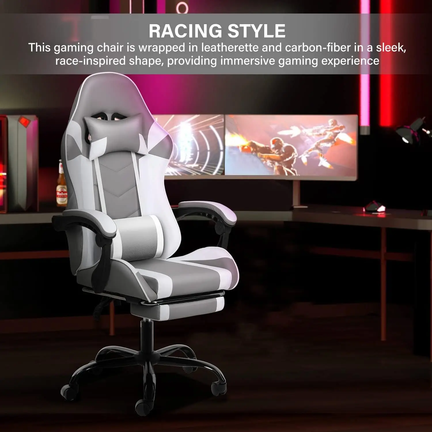 Racing Video Backrest Chair and Gaming Office Chair Computer Ergonomic Adjustable Swivel Chair with Headrest and Lumbar Support