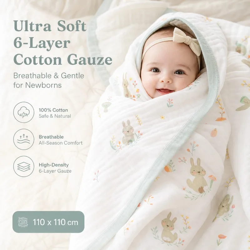 110x110cm 6 Layers High Density Cotton Gauze Baby Bath Towel Super Soft Breathable Newborn Swaddle Blanket Hot Sale