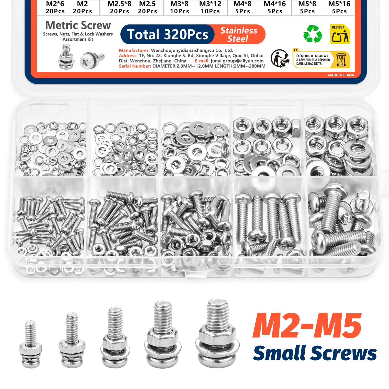 Kit de Acessórios de Aço Inoxidável com 320 Peças: Parafusos M2, M2.5, M3, M4, M5, Porcas e Arruelas, Conjunto de Ferragens Métricas à Prova de Ferrugem para Reparos Domésticos DIY