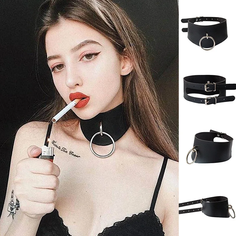 European and American new personality exaggerated punk style O-shaped ring collar necklace PU leather neck chain neck cover fact
