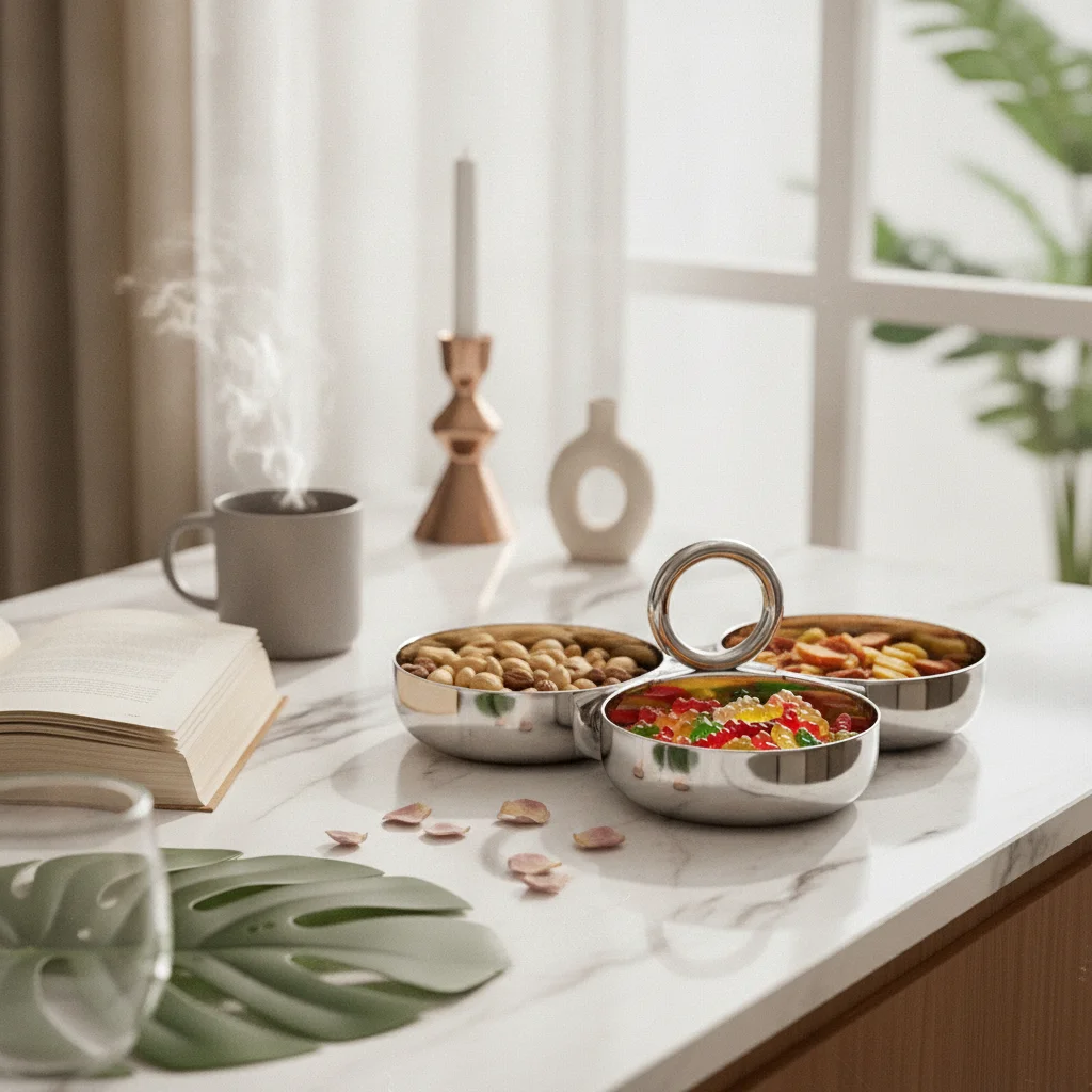 Lot de 3 bols de service avec poignée en acier inoxydable, vaisselle de qualité alimentaire, design minimaliste pour les hôtes