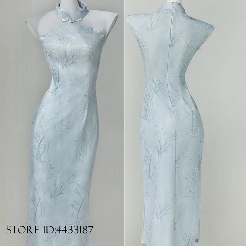 Retro Improvement Cheongsam Summer Jacquard Slim Qipao New Chinese Style Neck Hanging Dress Waist Reducing Slimming Dresses