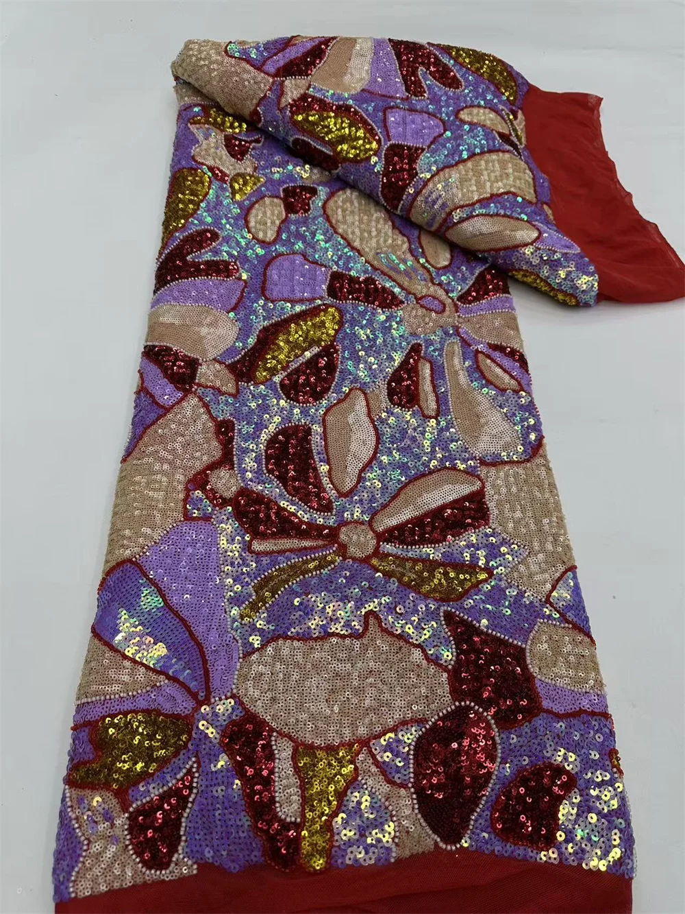 

Red Luxurious African Groom Sequins Lace Fabric High Quality 2026 Heavy Beads Embroidery French Tulle Lace For Wedding Dresses