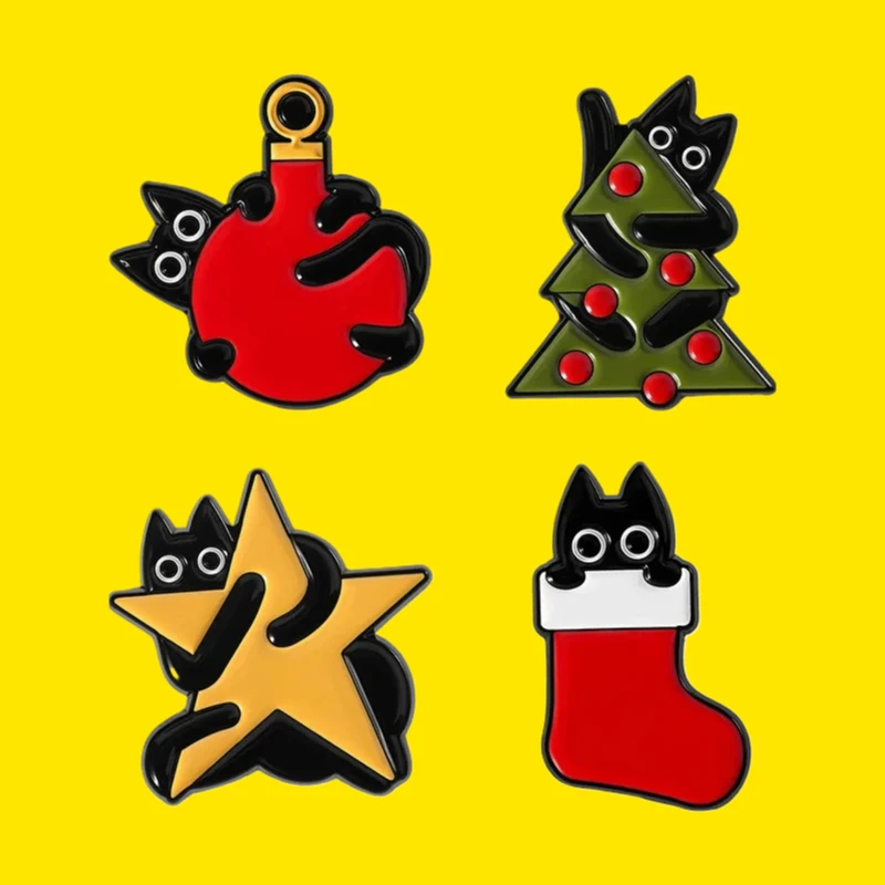 Pines Creative Christmas Black Cat Brooch Christmas Tree Star Socks Pin Wearing Decoration Badge Enamel Pin Badges on Backpack