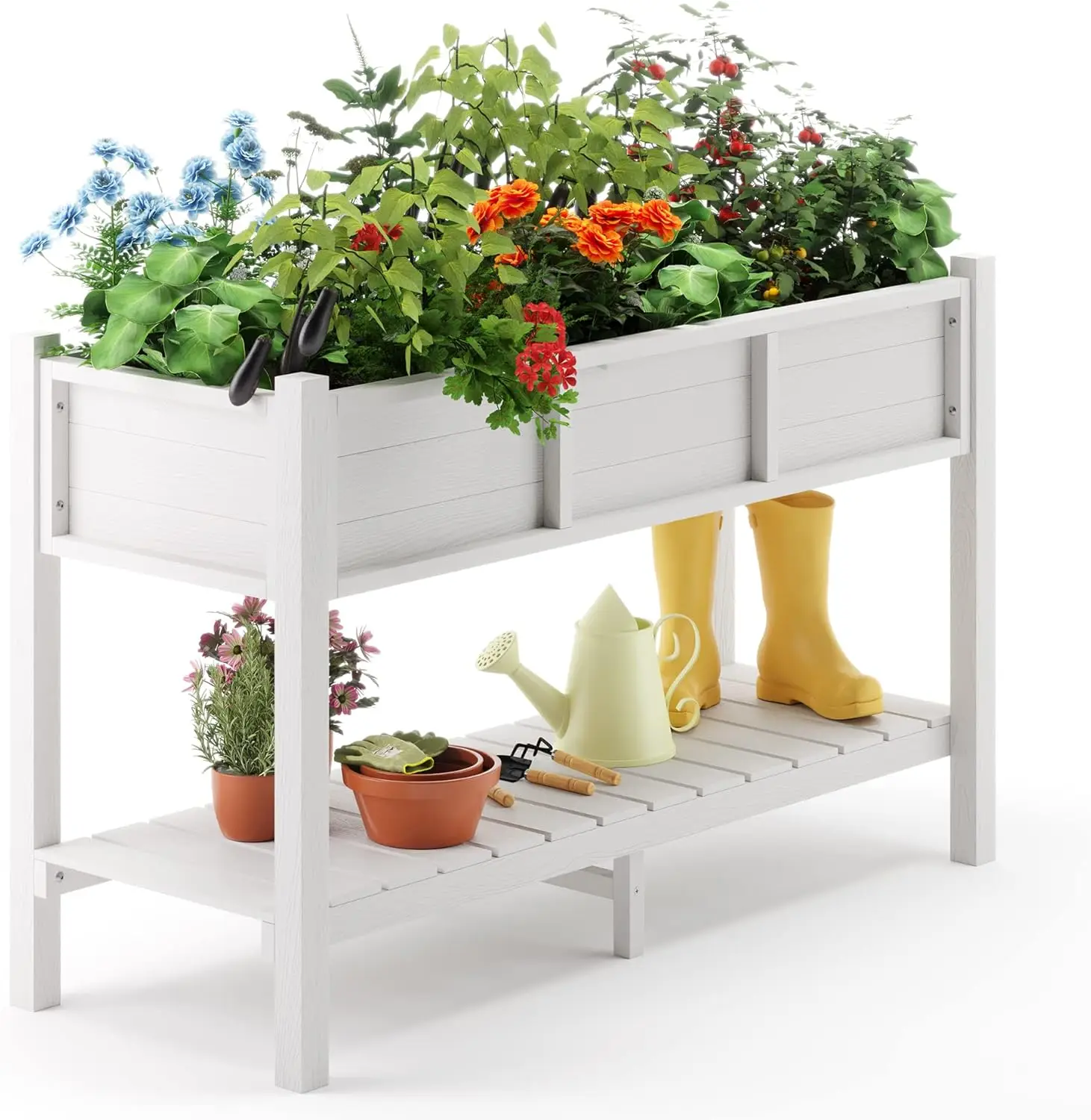 Raised Garden Bed with Tools, 47*18*29 in, Poly Elevated Planter Box with Legs And Storage Shelf, Weather Resistant, 3-Year Warr