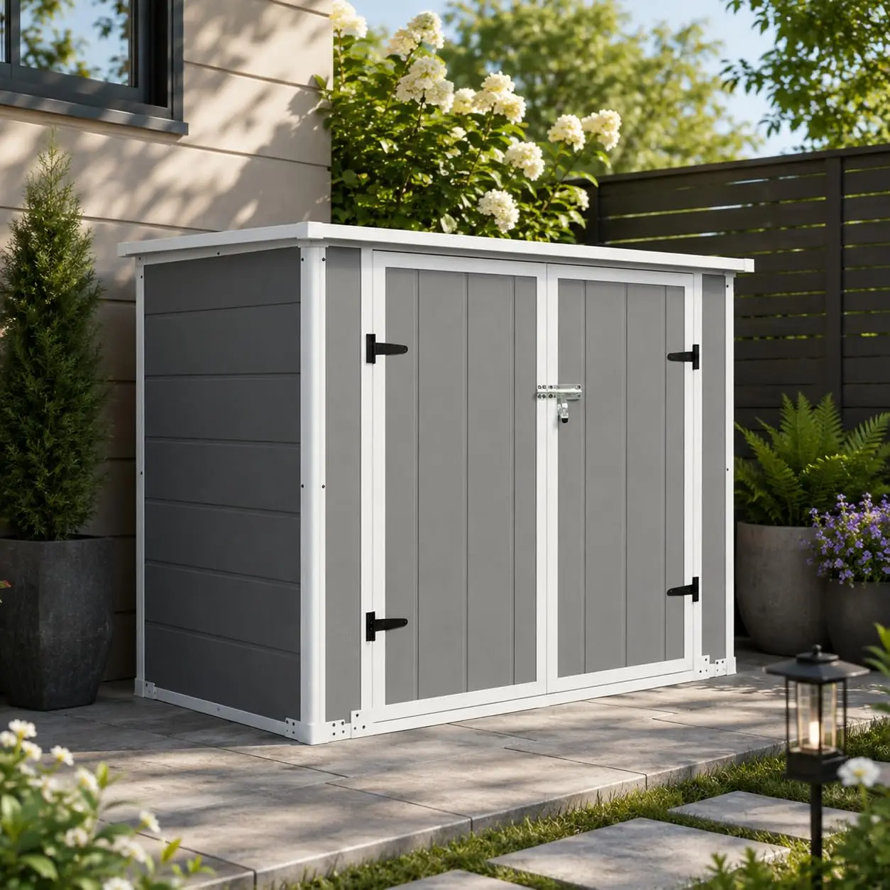 Horizontal Outdoor Storage Shed — Lockable Resin Cabinet for Trash Cans