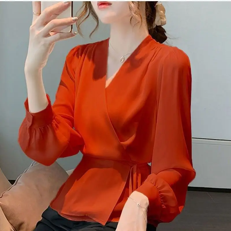 Office Lady Solid Color Elegant V-Neck Patchwork Blouse Spring Autumn New Long Sleeve Sashes Bandage Stylish Casual Button Shirt