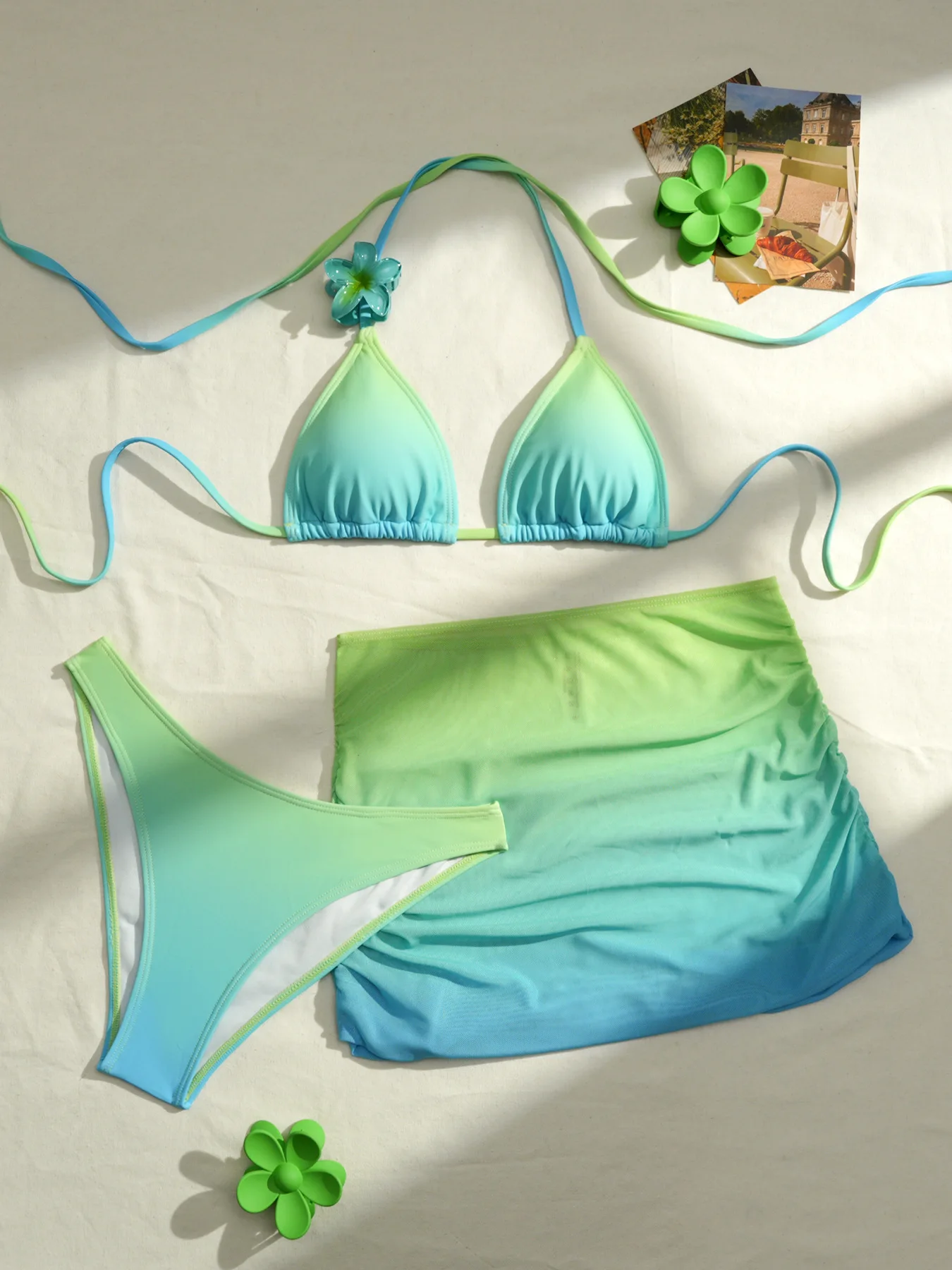 Colore sfumato Set bikini sexy Donna Halter Reggiseno push up Gonna 3 pezzi Costume da bagno Costume da bagno Cover Up Costumi da bagno Biquini Куlvьник