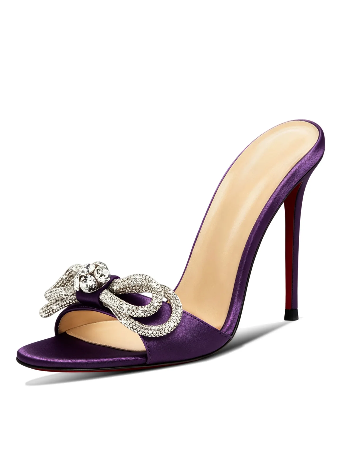 Diamond bow round toe black high heels, women's high-heeled sandals, slim heels niche temperament, wearing half slippers outside