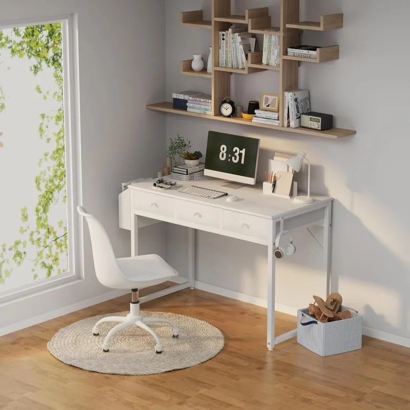 Small White Computer Desk with Fabric Drawers for Home Office Bedroom, 40 Inch Vanity Desk with Side Pouch, Study Writing Table