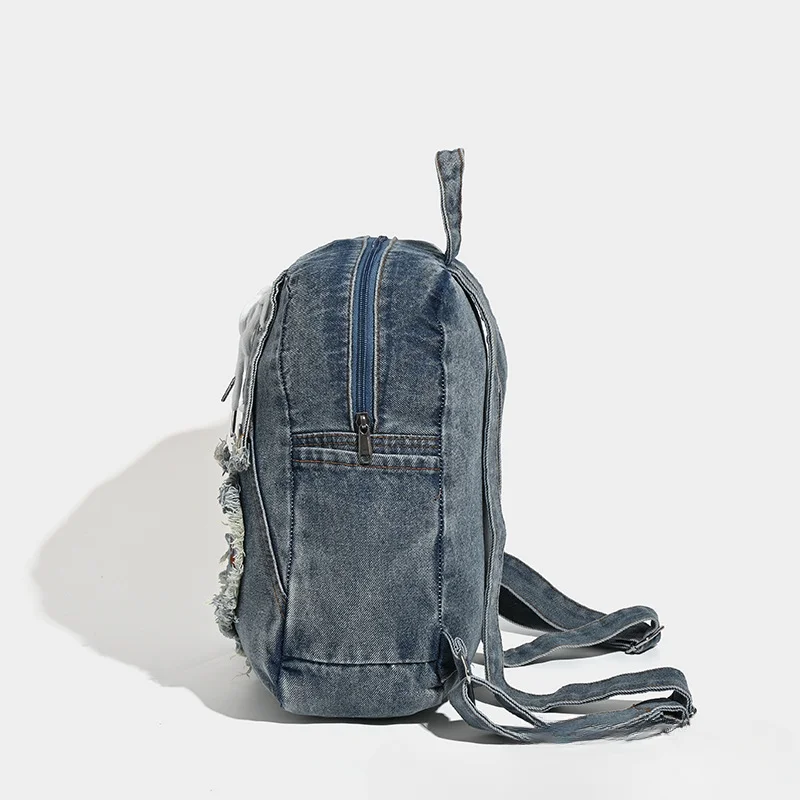 Large Capacity Backpack Washed Denim Retro Bag Niche Design Personalized Embroidery Portable Oblique Span Women's Bag