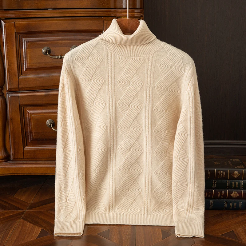 Classic Men Business Casual Sweater 100% Australian Wool Pullover High flip Neck Diamond pattern Warm Thick High-quality Tops