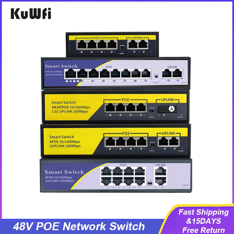 48V POE Network Switch 10/100/1000Mbps Ethernet Switch 4Port/8Ports Network Switching Hub IEEE 802.3 AF/AT Switch for IP Camera