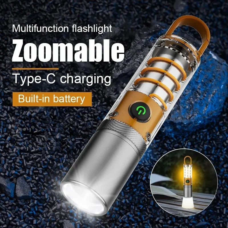 New Powerful Portable Led Flashlight Novelty Keychain Light Zoom Rechargeable EDC Pocket Torch Light for Outdoor Camping Lantern